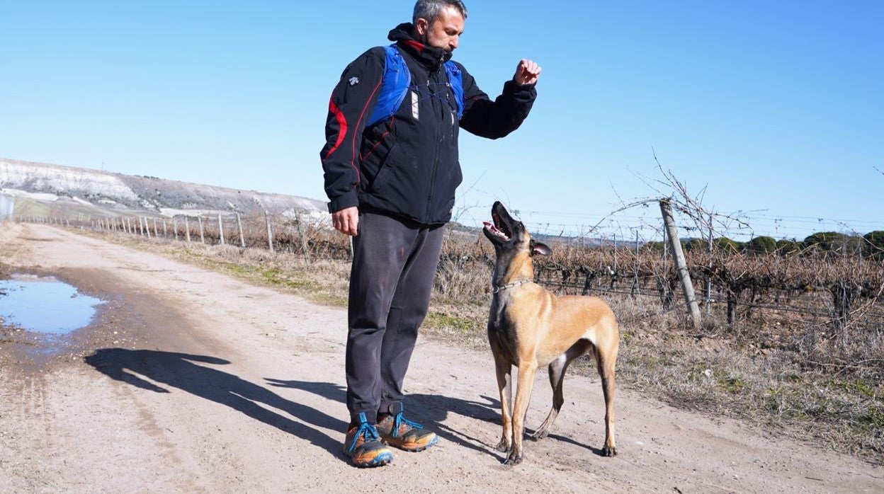 David González Sierra junto a su pastor belga, Luna, que vienen de Posada de Valdeón (León) para ayudar en la búsqueda de la deasaparecida de Traspinedo