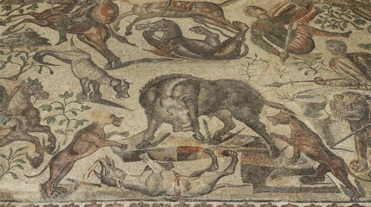 Villa romana de la Olmeda en Pedrosa de la Vega (Palencia), detalle de caza del mosaico del oecus