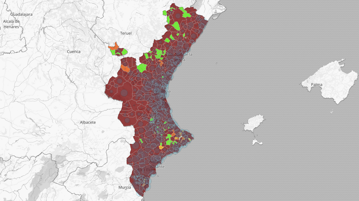 Mapa de los municipios de la Comunidad Valenciana con positivos en coronavirus en los últimos catorce días