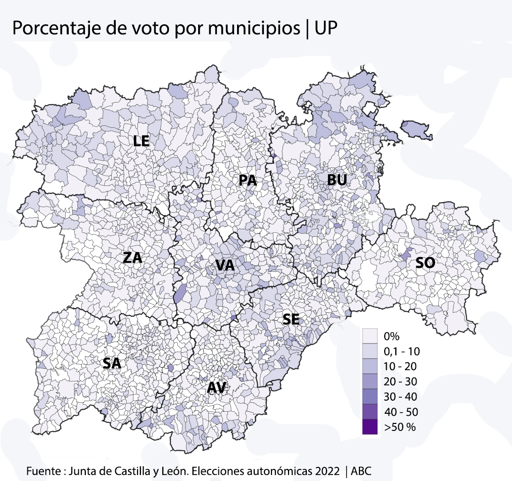 Porcentaje de voto de Unidas Podemos en las elecciones de Castilla y León 2022 en cada municipio