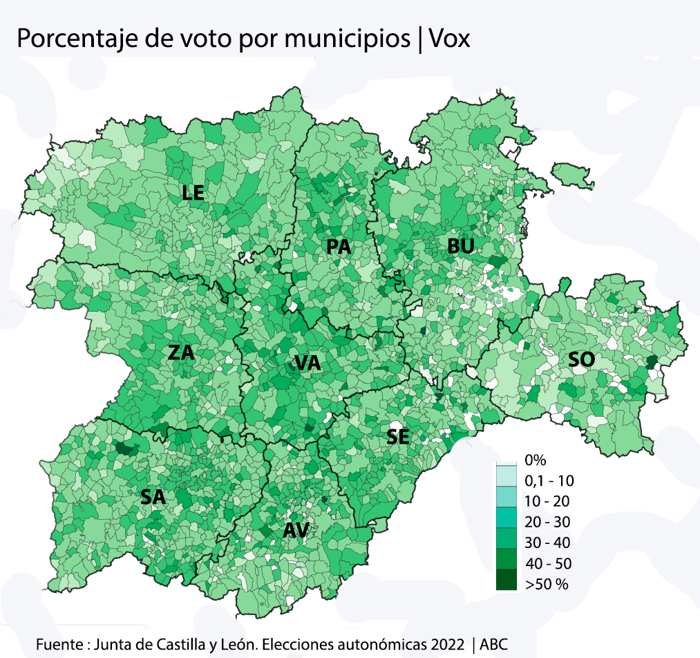 Porcentaje de voto de Vox en las elecciones de Castilla y León 2022 en cada municipio