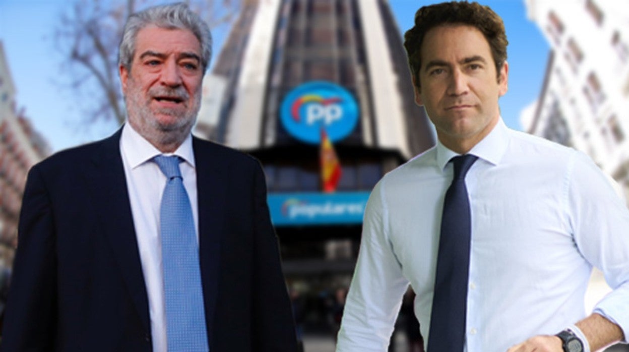 Fotomontaje de Miguel Ángel Rodríguez y Teodoro García Egea, frente a la sede nacional del PP