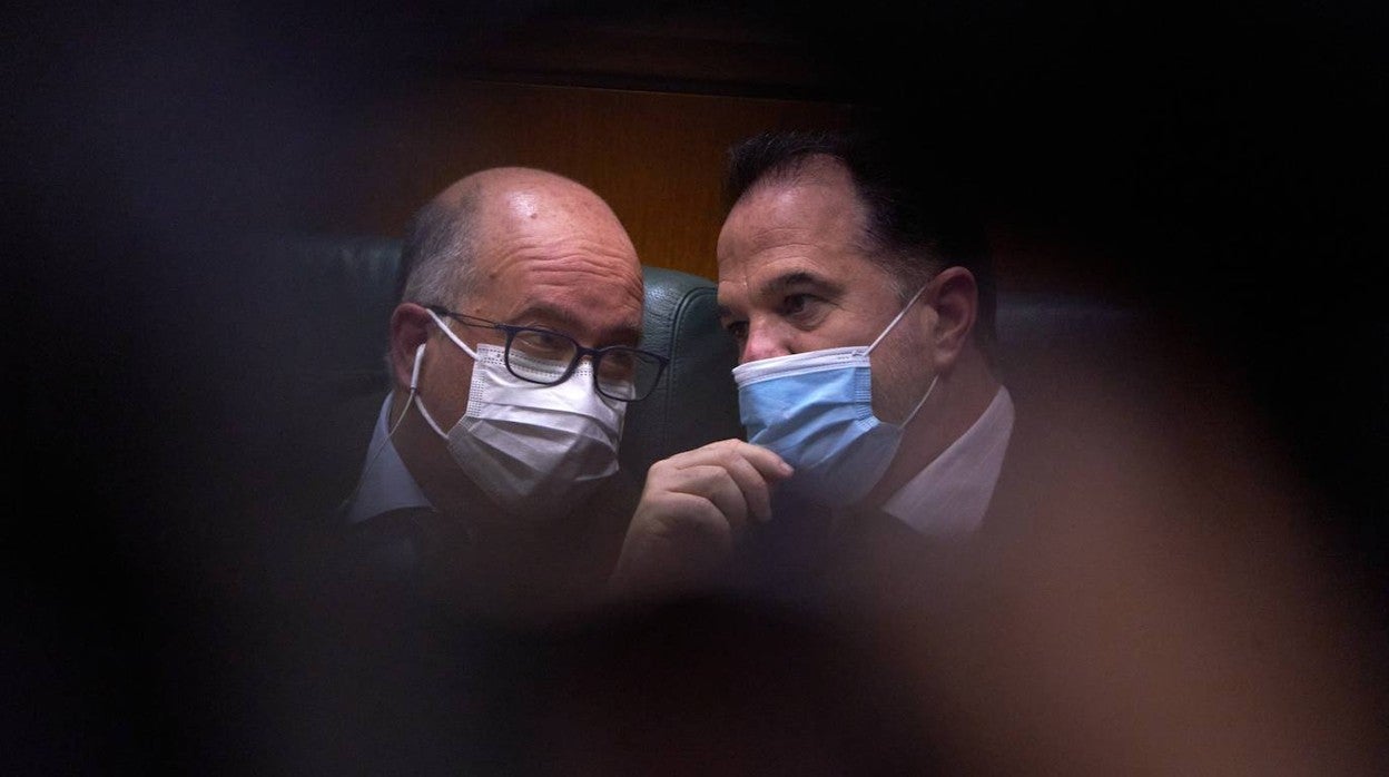 Carlos Iturgaiz, presidente del PP vasco, conversa con Carmelo Barrio, portavoz del grupo popular, en el pleno de este viernes en el Parlamento Vasco