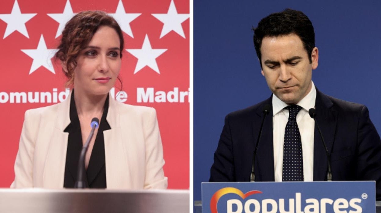 La presidente de la Comunidad de Madrid, Isabel Díaz Ayuso, en la comparencia ante los medios | El secretario general del PP durante su rueda de prensa en la sede del PP