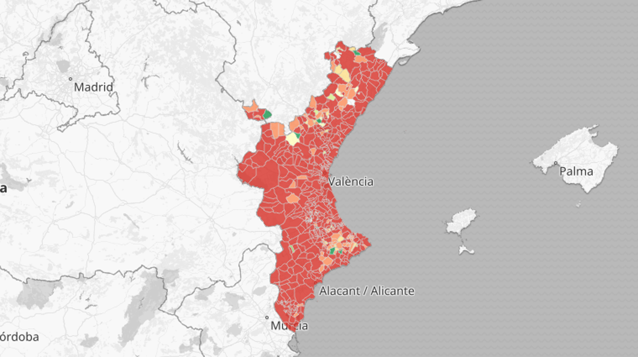 Mapa sobre el total de pruebas PCR realizadas en la Comunidad Valenciana