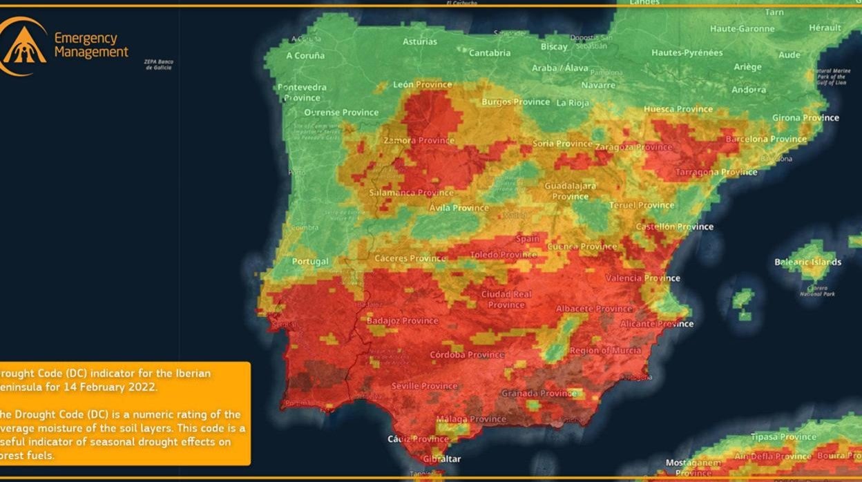 Imagen del satélite Copernicus, que muestra las zonas con mayor riesgo de propagación en caso de incendio en rojo