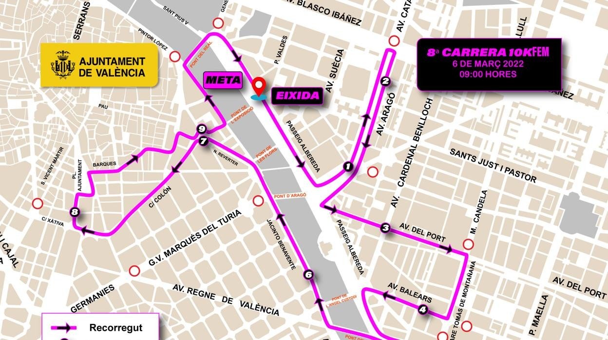 Mapa del recorrido de la carrera 10k Femenina, en Valencia