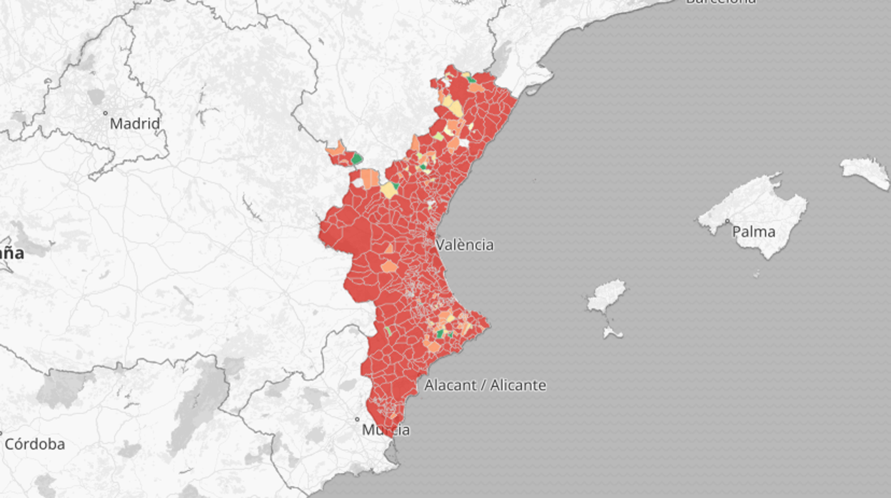 Mapa por municipios de las PCR totales realizadas en la Comunidad Valenciana