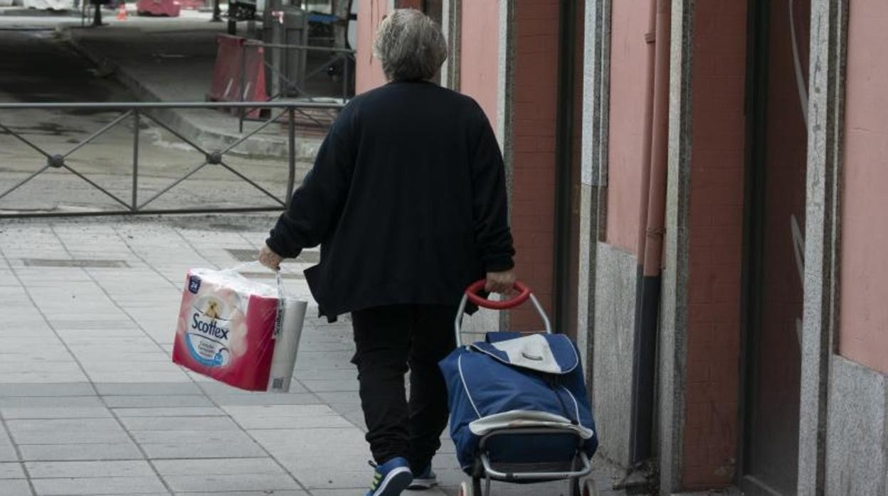 Una mujer vuelve de la compra con papel higiénico