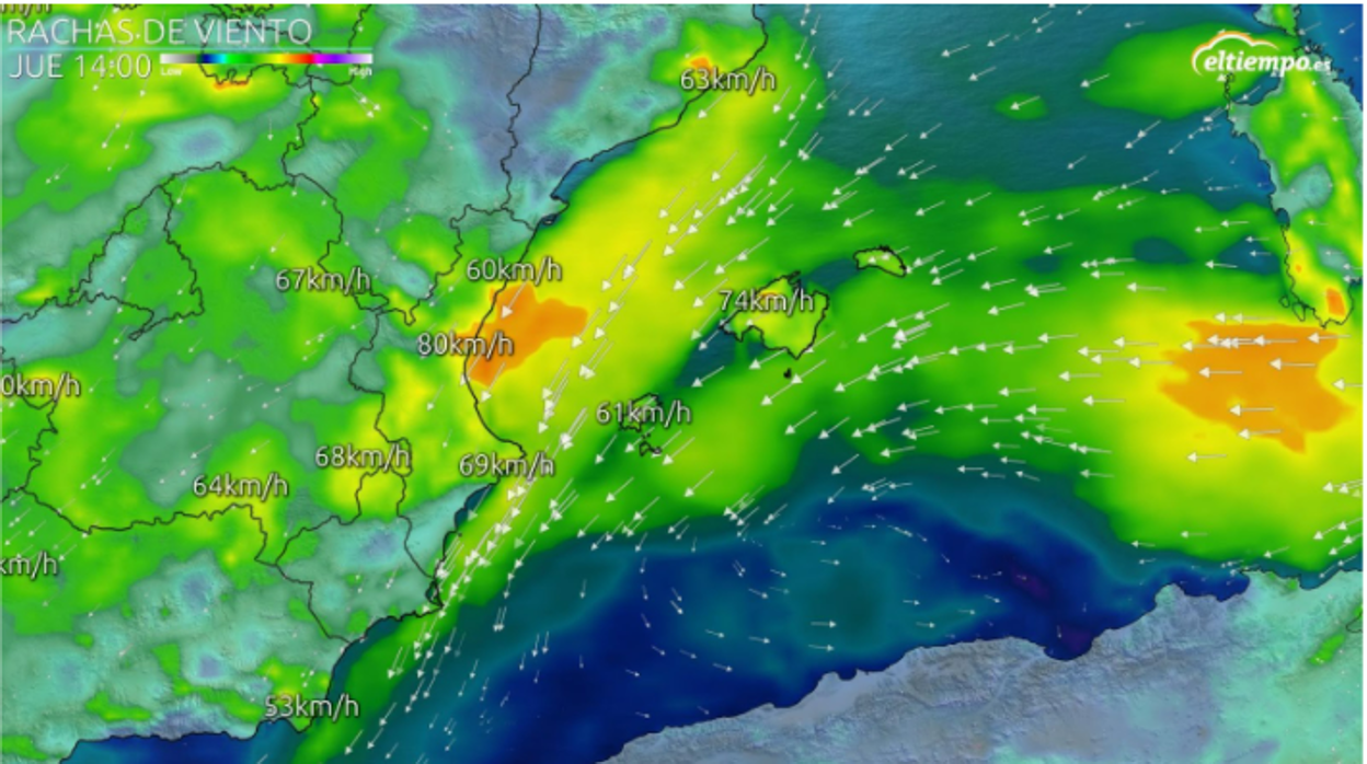 Mapa con la previsión de las rachas de viento en Valencia