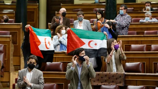 Unidas Podemos exhibe banderas saharauis en el pleno del Congreso contra el giro de Pedro Sánchez