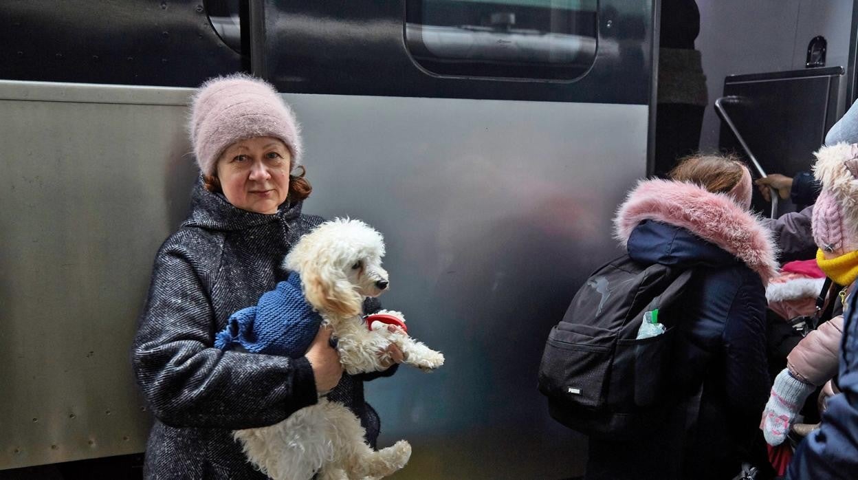 Una mujer refugiada procedente de Ucrania sostiene a su perro