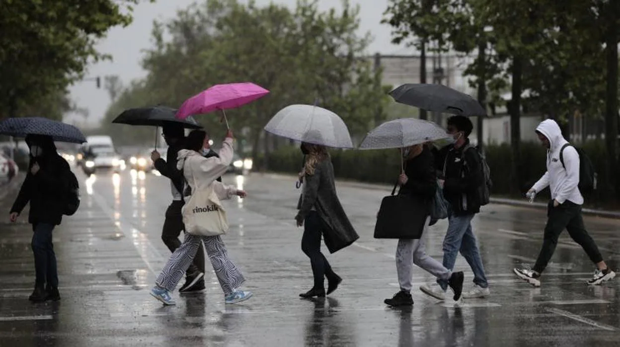 Imagen de un grupo de personas paseando bajo la lluvia en Valencia