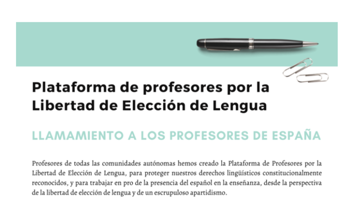 Manifiesto con el «llamamiento» a los profesores para sumarse a esta plataforma en defensa del castellano