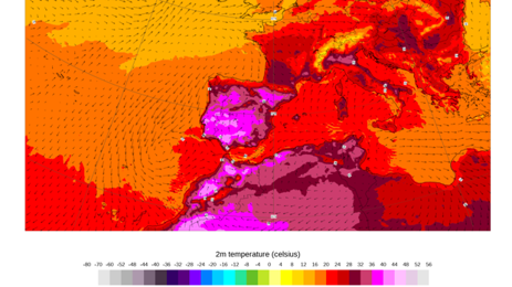 Previsión de temperaturas en superficie el sábado a las 13 horas