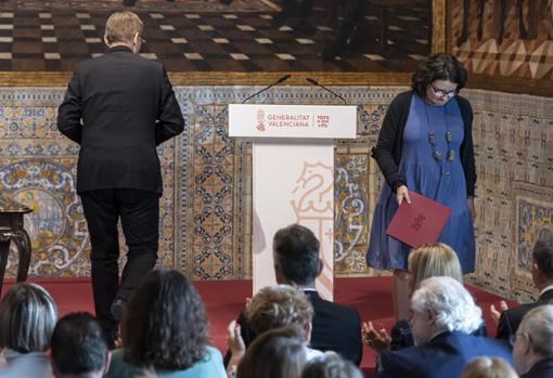 Imagen de Ximo Puig y Mónica Oltra tomada este lunes en el Palau de la Generalitat