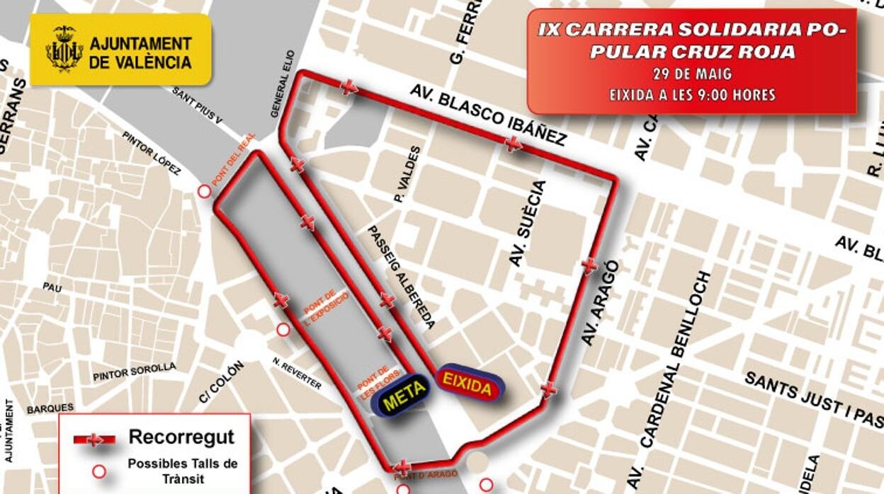 Mapa con el recorrido de la IX Carrera Solidaria Popular Cruz Roja en Valencia