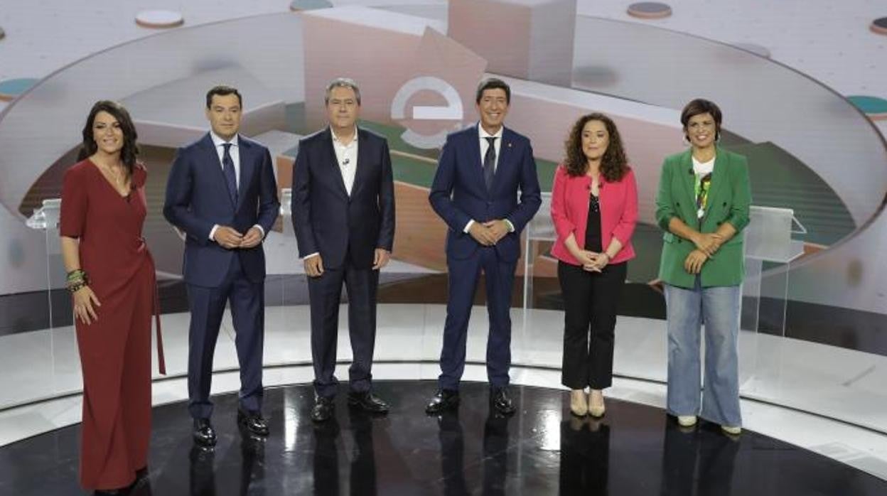 Debate en la RTVA entre los candidatos Macarena Olona (Vox), Juanma Moreno (PP), Juan Espadas (PSOE) , Juan Marin (Ciudadanos), Inmaculada Nieto (Por Andalucia) ,Teresa Rodriguez (Adelante Andalucia)