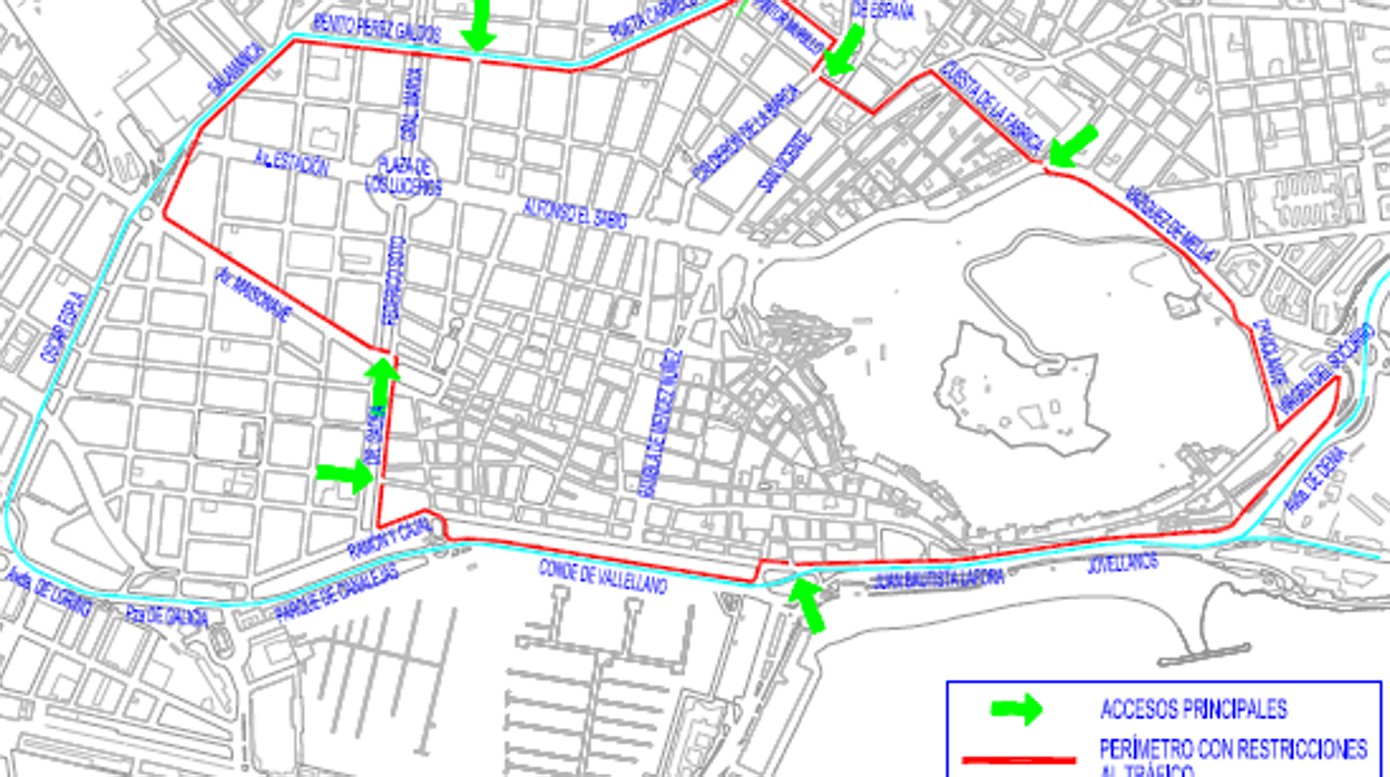 Mapa del perímetro acotado con los cortes y desvíos del tráfico durante las fiestas de Hogueras de San Juan