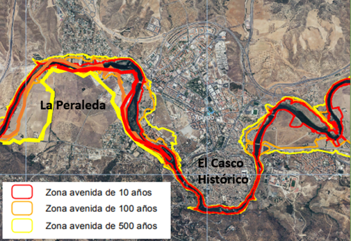 La Peraleda y las zonas de inundación según la Confederación Hidrográfica del Tajo