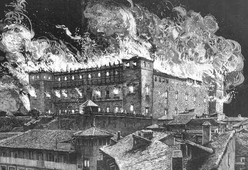 Grabado del incendio del Alcázar de Toledo, en la madrugada del 10 de enero de 1887