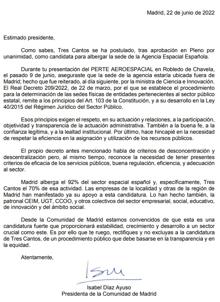 Carta enviada por Díaz Ayuso a Pedro Sánchez