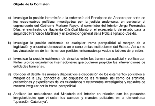 Algunos de los 7 puntos de objeto de investigación de la comisión de investigación pedida por los independentistas. El primero, relativo a investigar a Mariano Rajoy, expresidente del Gobierno