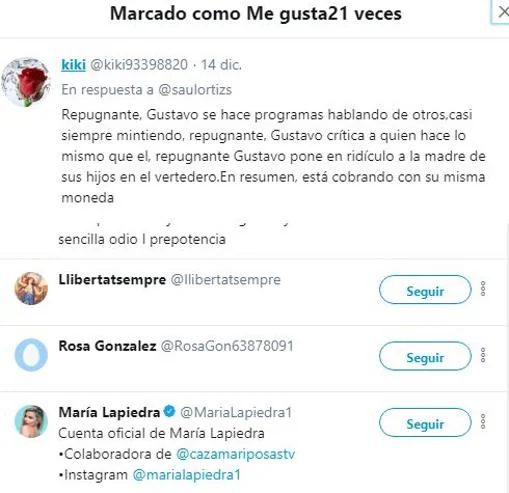 María Lapiedra aplaude a los que llaman «repugnante» y «putero» a Gustavo González