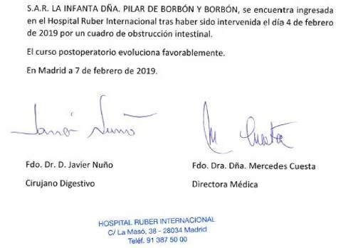 El hospital Ruber de Madrid informa sobre el estado de salud de la Infanta Pilar de Borbón