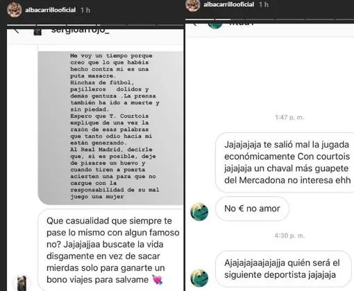 Alba Carrillo publica los insultos y mensajes de odio que ha recibido por su relación con Courtois