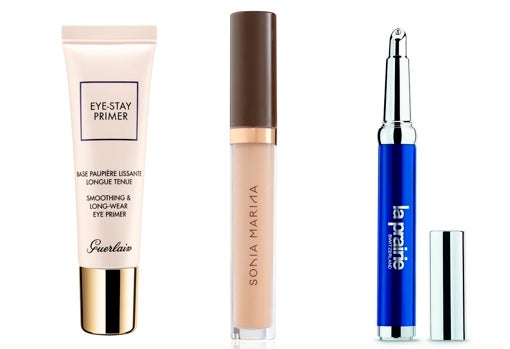 De izquierda a derecha, prebase de párpados alisante Eye-Stay Primer Guerlain (29,50 €); corrector Perfect Light Concealer con propiedades antienvejecimiento de Sonia Marina (27,50 €) y Skin Caviar Perfect Concealer de La Prairie (168 €).