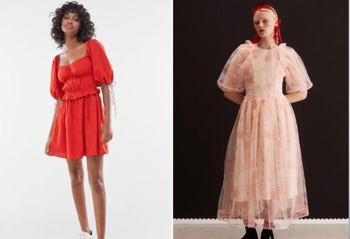 De izda. a dcha.: Vestido rústico con manga abullonada, de Bershka (25,99€). Vestido de tul de Simone Rocha x H&M (149,90€).