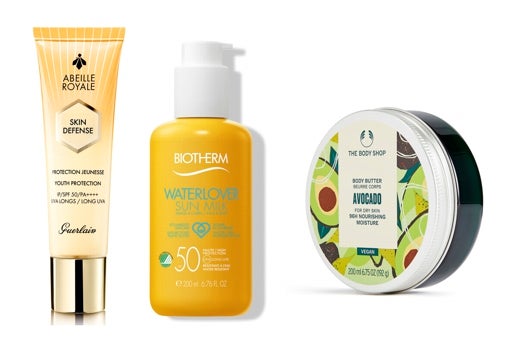 De izquierda a derecha: Escudo protector Abeille Royale de Guerlain (65 €); Leche solar Waterlover Sun Milk SPF 50 de Biotherm (26,25 €); Body Butter de Aguacate de The Body Shop (17 €).