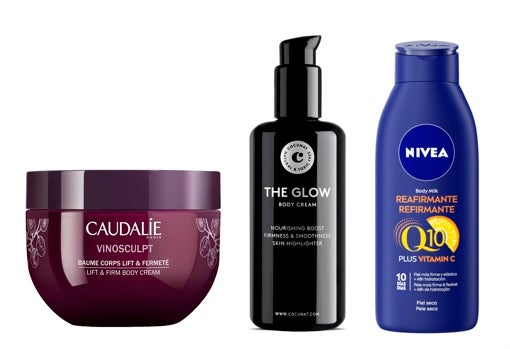 De izquierda a derecha: Bálsamo corporal reafirmante Vinosculpt de Caudalie (28,60 €); Crema corporal nutritiva y reafirmante The Glow de Cocunat (44,95 €); NIVEA Body Milk Reafirmante Q10 Plus Vitamina C (5,59 €).