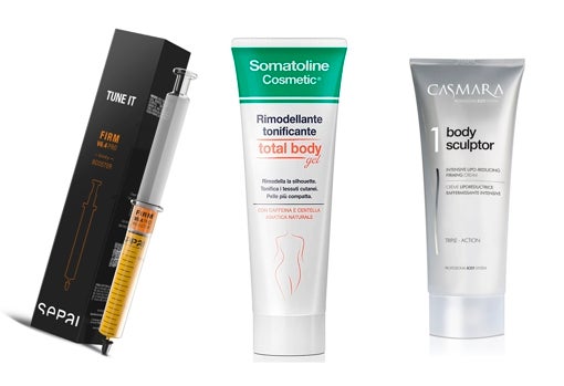 De izquierda a derecha: V6.4 Booster Firming Pro de Sepai (69 €); Somatoline Total Body Gel crema reafirmante corporal (26,27 €); Crema reafirmante 3 en 1 Body Sculptor de Casmara (39,78 €).