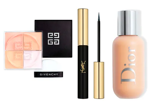 De izquierda a derecha: Polvos sueltos matificantes e iluminadores Givenchy Prisme Libre (51 €); Delineador de ojos Coutoure Eyeliner de Yves Saint Laurent Beauté (26 €); Base de maquillaje de larga duración y waterproof Dior Backstage (41 €).