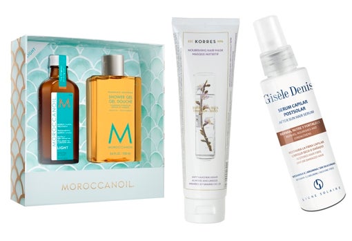 De izquierda a derecha: Pack edición limitada Everyday Escape de Moroccanoil: tratamiento Moroccanoil + gel de ducha (46 €); Mascarilla capilar Nutritiva de Almendra y Linaza de Korres (15,30 €); Sérum capilar postsolar de Gisèle Denis (14,95 €).