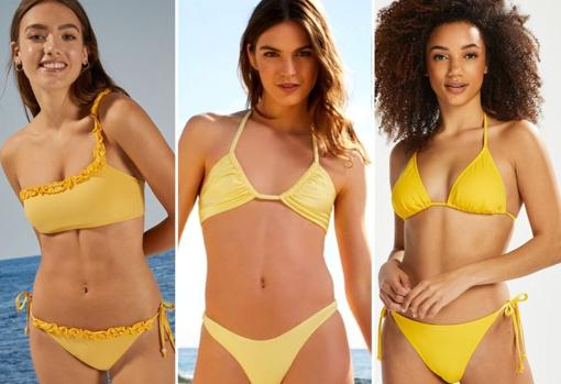 Bikini asimétrico con volante, de Women’secret. Precio: el top 26,99 y la braguita 16,99€. Bikini multiposición, de Etam. Precio: 29,90€. Bikini triangular, de Hunkemoller. Precio: el top 24,99€ y la braguita 17,99€.