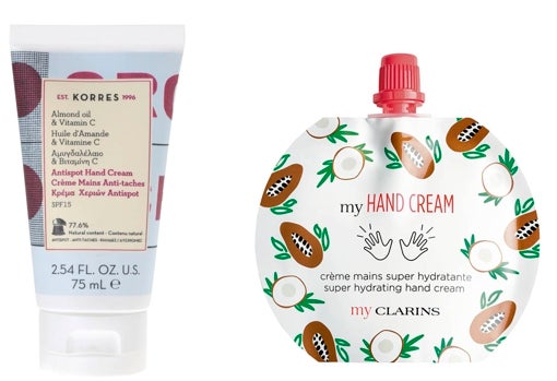 De izquierda a derecha: Crema de manos con aceite de almendras y vitamina C y SPF 15 de Korres (10,90 €) y Crema de manos súper hidratante my clarins de Clarins (10 €).