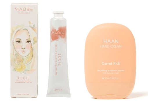 De izquierda a derecha: Crema de manos con SPF 20 de Maûbe Beauty (6,95 €) y Crema de manos prebiótica Carrot Kick + Refill de Haan (26,70 €).