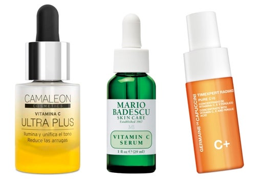 De izquierda a derecha: Vitamina C Ultra Plus de Cameleon Cosmetics (15,90 €); Sérum Vitamina C de Mario Badescu (51,99 €, en Sephora); Sérum Pure C 10 con vitamina c pura de Germaine de Capuccini (65 €).