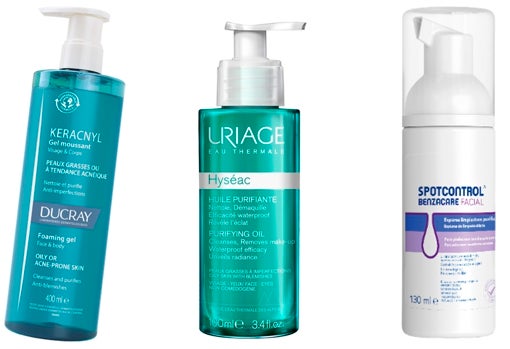 De izquierda a derecha: Gel limpiador cara y cuerpo Keracnyl de Ducray, para pieles grasas y con tendencia acneica (15,40 €); V; Espuma limpiadora Benzacare Spotcontrol (11 €).