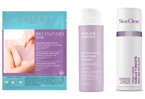 De izquierda a derecha: Mascarilla antiedad para el escote Bio Enzymes Mask de Talika (8,50 €, unidad); Crema corporal Skin Smoothing Retinol Body Treatment de Paula's Choice (65 €); Crema cuello y escote de SkinClinic (41,40 €).