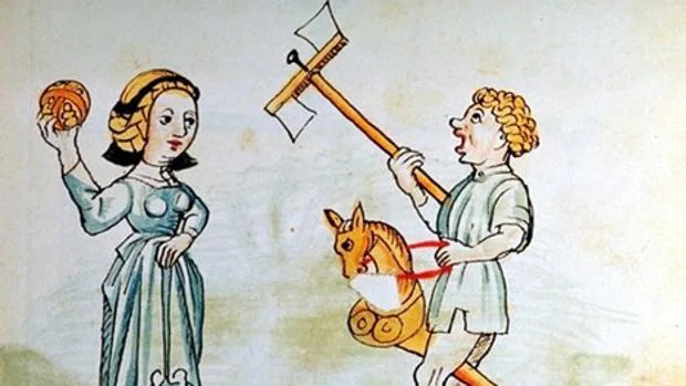 Ilustración medieval de niños jugando con un caballito y una pelota.