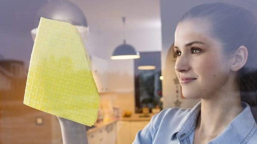 Mujer utilizando una bayeta para cristal