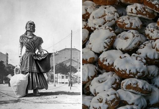 A la izquierda, una «falla» de las fiestas de Chamberí representado a la tía Javiera en 1915. A la derecha, rosquillas del santo en su versión original, las conocidas como de 'Santa Clara'
