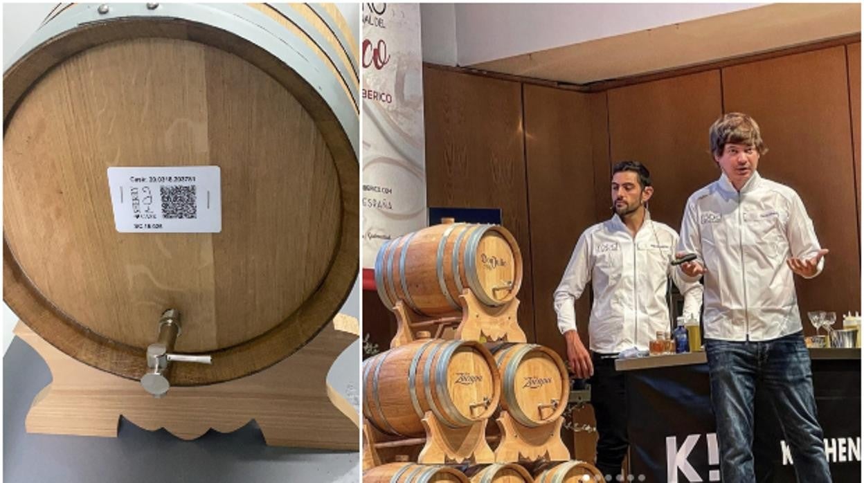 A la izquierda, una de las barricas envinadas con oloroso y certificadas por la D.O. Vinos de Jerez que utiliza David Chamorro ( a la derecha, durante su ponencia en el III Foro del Ibérico de Salamanca) para añejar caldo de jamón