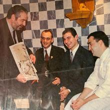 Foto de Santi Santamaría con David Robledo, Abel Valverde y Óscar Velasco en Santceloni