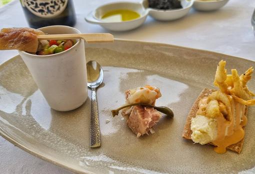 Sopa de aguacate, atún en manteca y ensaladilla. La foto muestra tamaños menores a los de la carta