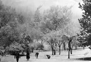 El Parque de El Retiro cubierto de nieve a principios de 1900